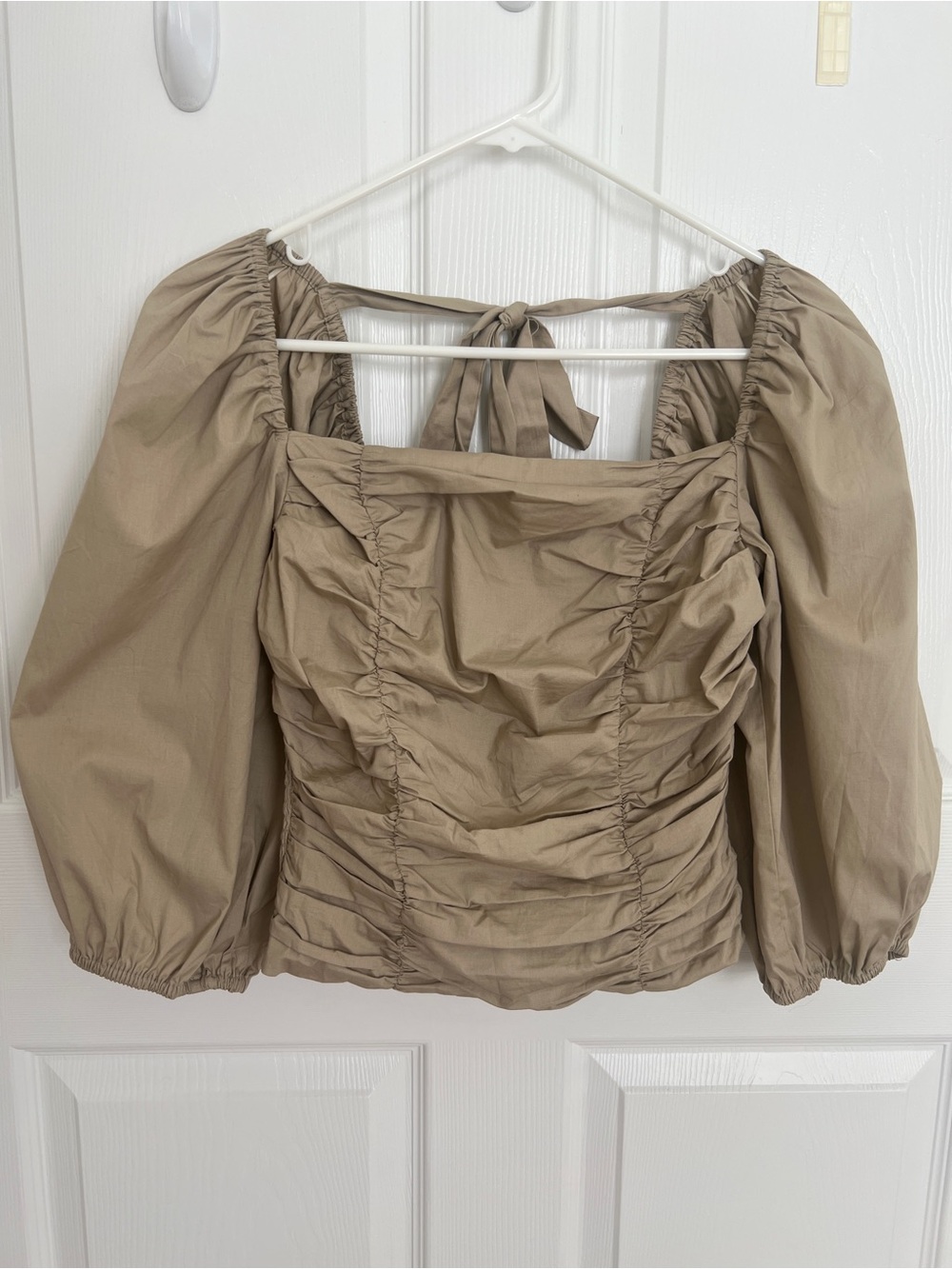 Wayf Taupe Ruched Square-Neck Blouse with Tie Back